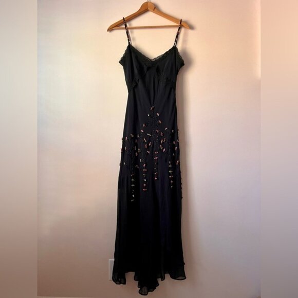 Vintage CACHE 100% Silk Sheer Beaded Rosebud Lace Slip Dress Size 10 - Picture 1 of 10